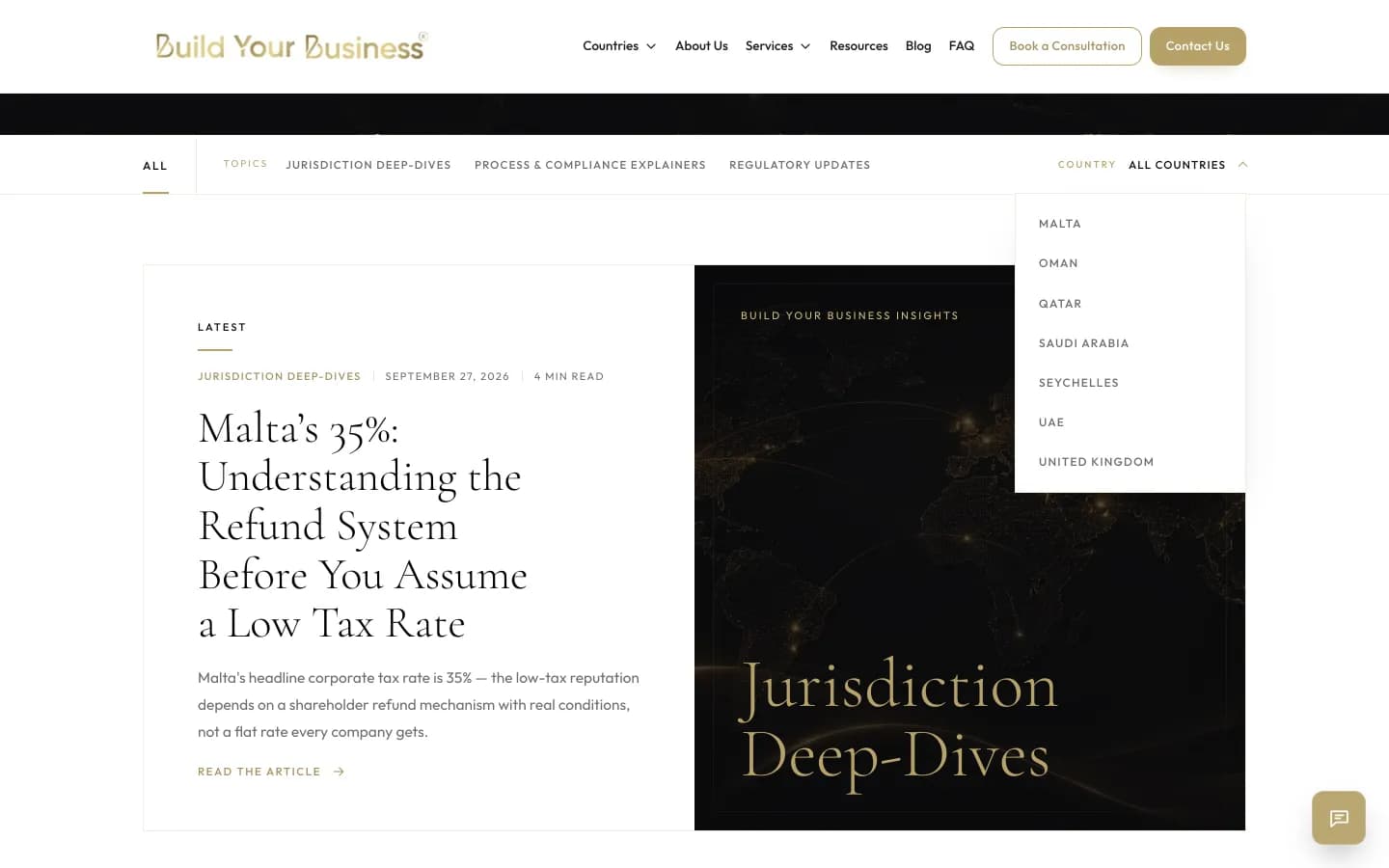 The blog index with topic tabs and the Country dropdown open, listing Malta, Oman, Qatar, Saudi Arabia, Seychelles, UAE and United Kingdom, beside the latest article