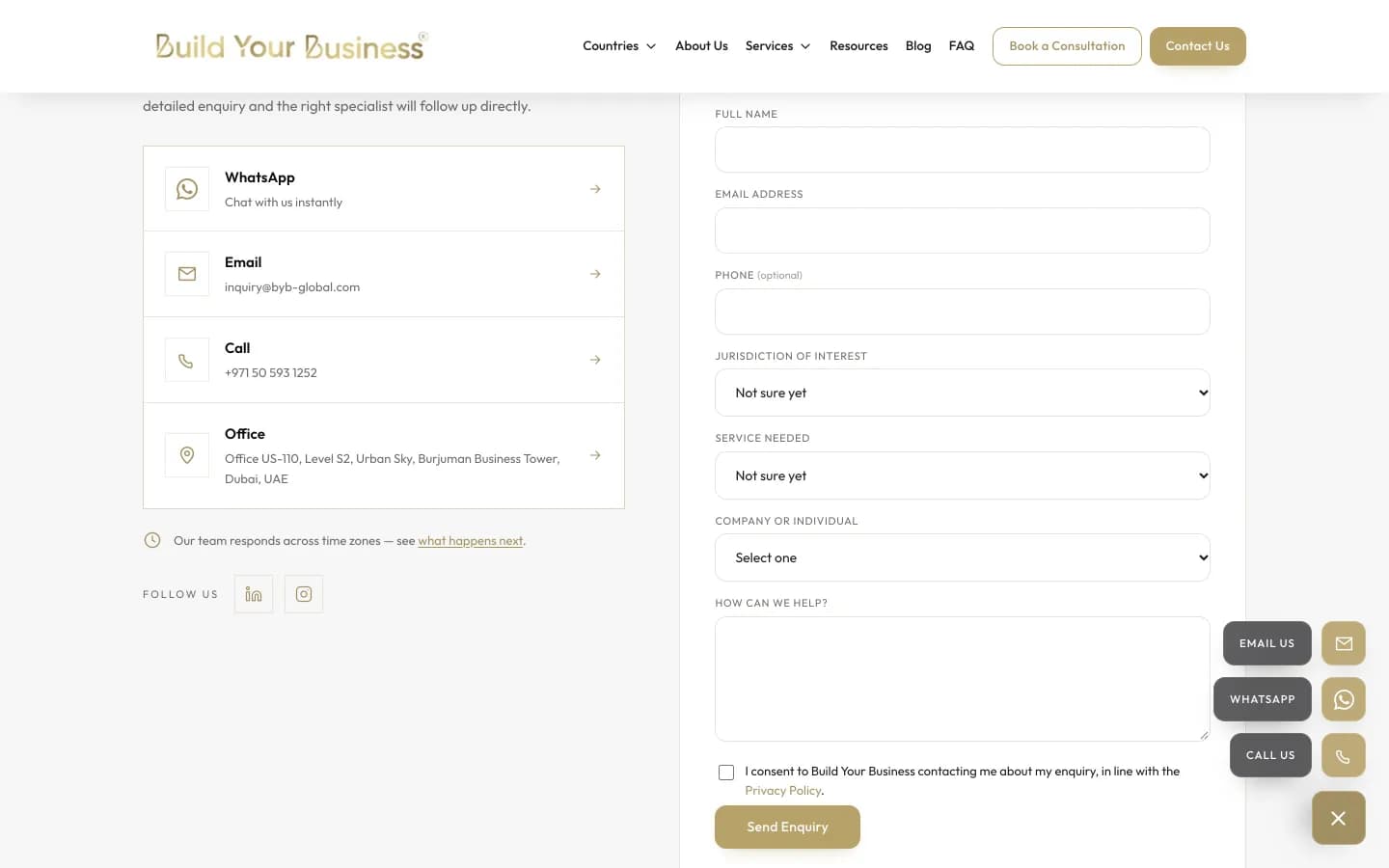 The contact page: WhatsApp, email, call and office options beside the enquiry form with jurisdiction and service dropdowns, and the contact widget open