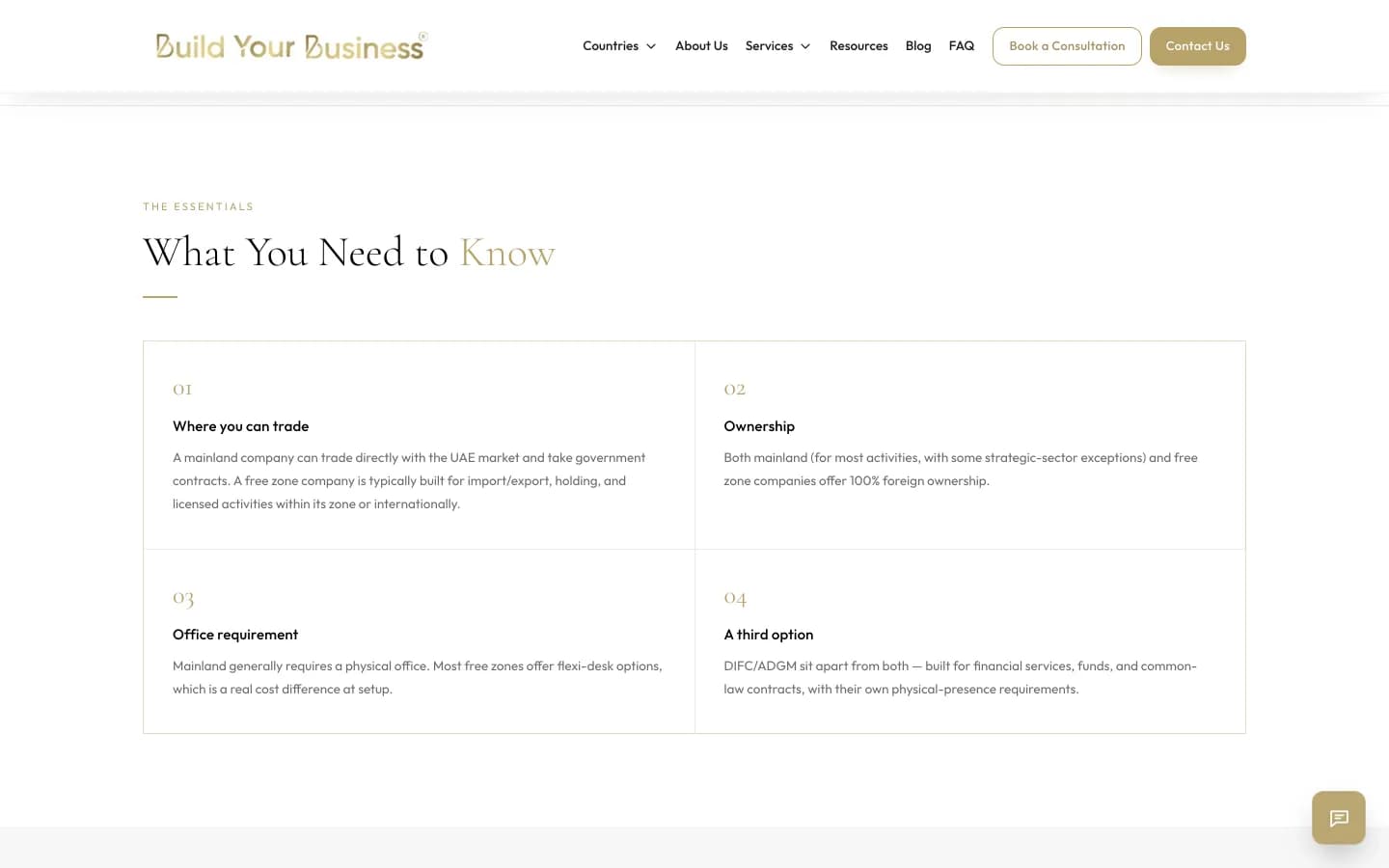 A guide page: Mainland vs Free Zone, a decision checklist for the UAE, with its key points