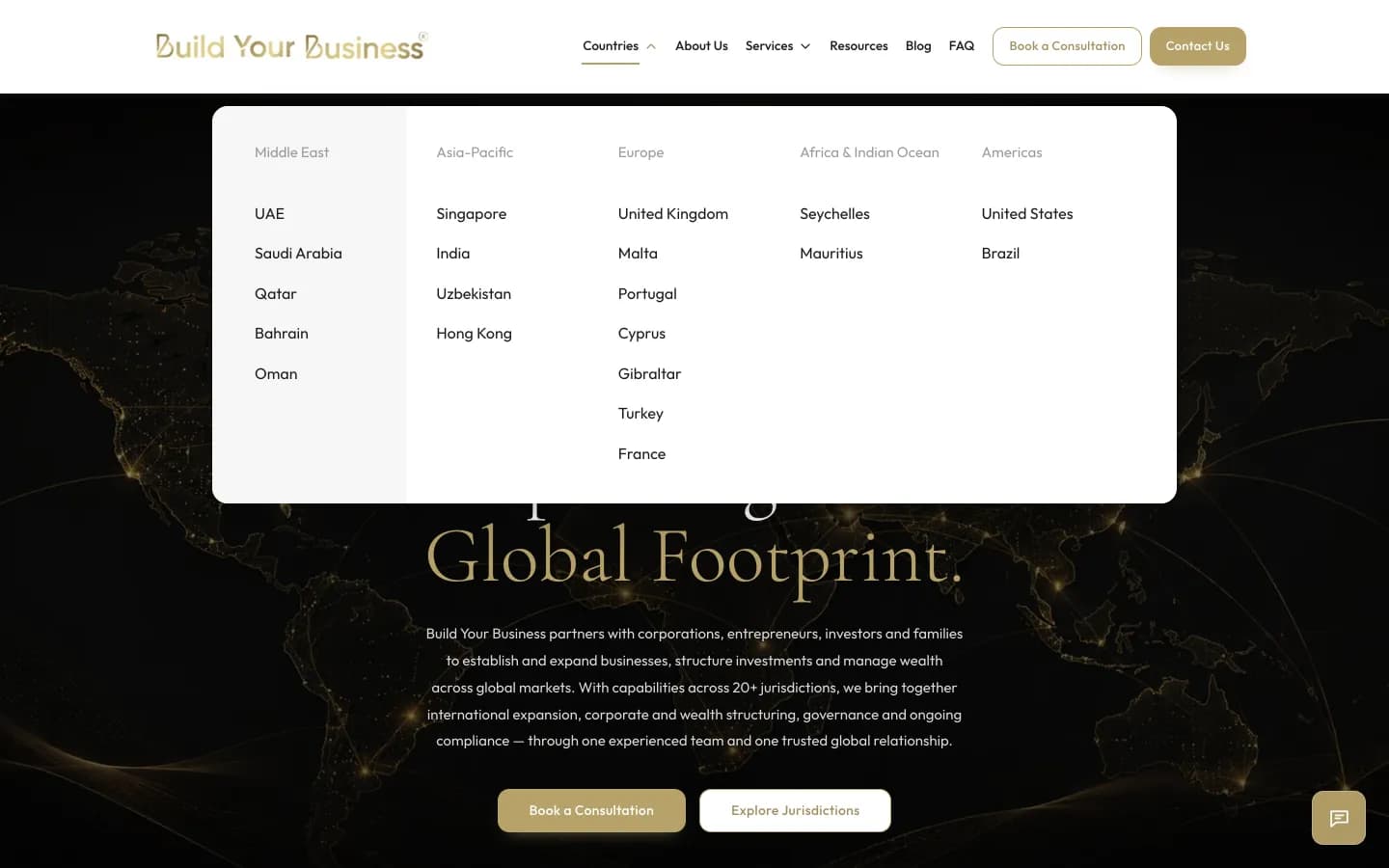 The Countries mega menu: 20 jurisdictions in five region columns, Middle East, Asia-Pacific, Europe, Africa and Indian Ocean, and Americas
