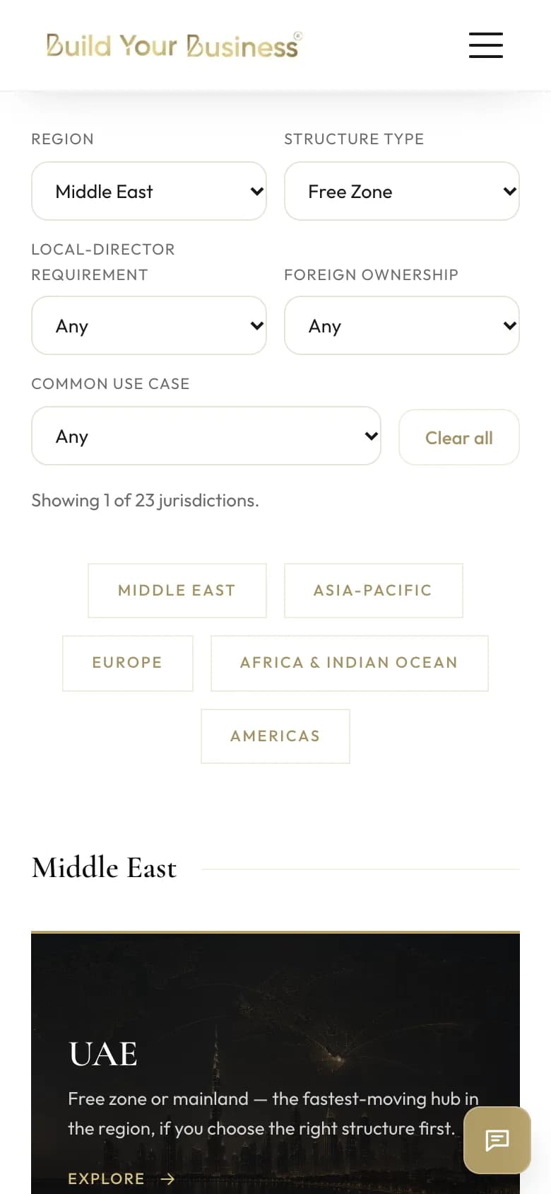 The countries hub on a phone: filters two per row, Middle East and Free Zone selected, Showing 1 of 23 jurisdictions