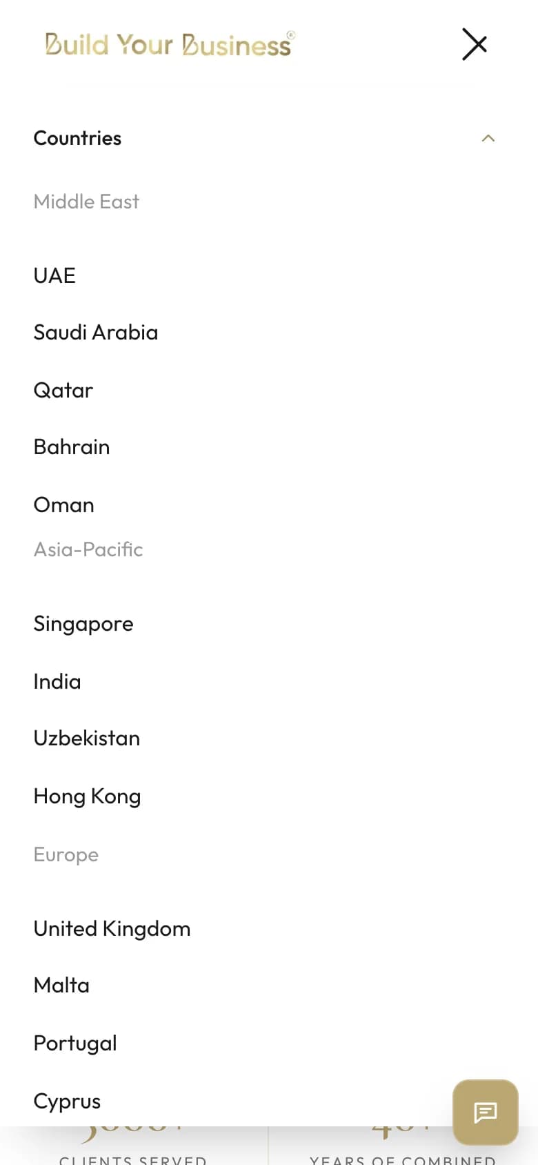 The phone menu drawer with Countries open, grouped by region