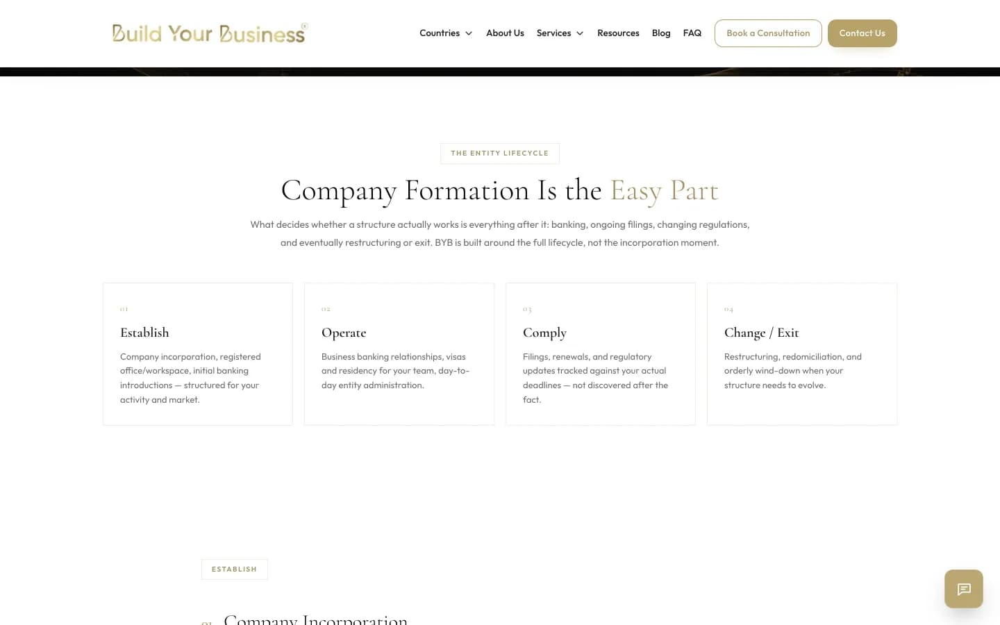 The Services page's entity lifecycle: four cards for Establish, Operate, Comply and Change / Exit under the heading Company Formation Is the Easy Part
