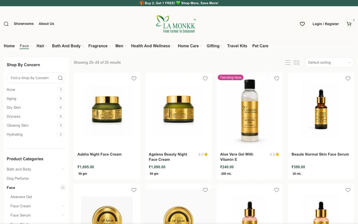 La Monkk's Face category on a laptop: a Shop By Concern filter (acne, aging, dry skin, glowing skin, hydrating) and product categories beside a grid of face creams and serums