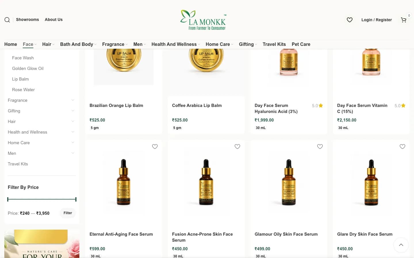 Further down La Monkk's Face category: the category tree (face wash, golden glow oil, lip balm, rose water) and a Filter By Price slider beside lip balms and face serums