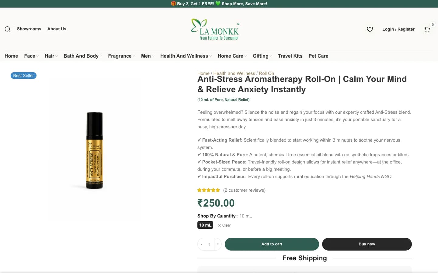 La Monkk's Anti-Stress Aromatherapy Roll-On product page: product photo, benefits, star rating, price, size option and add-to-cart and buy-now buttons