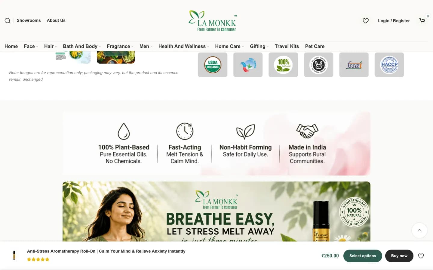 Further down the product page: certification badges, four benefit highlights and a lifestyle banner for the roll-on