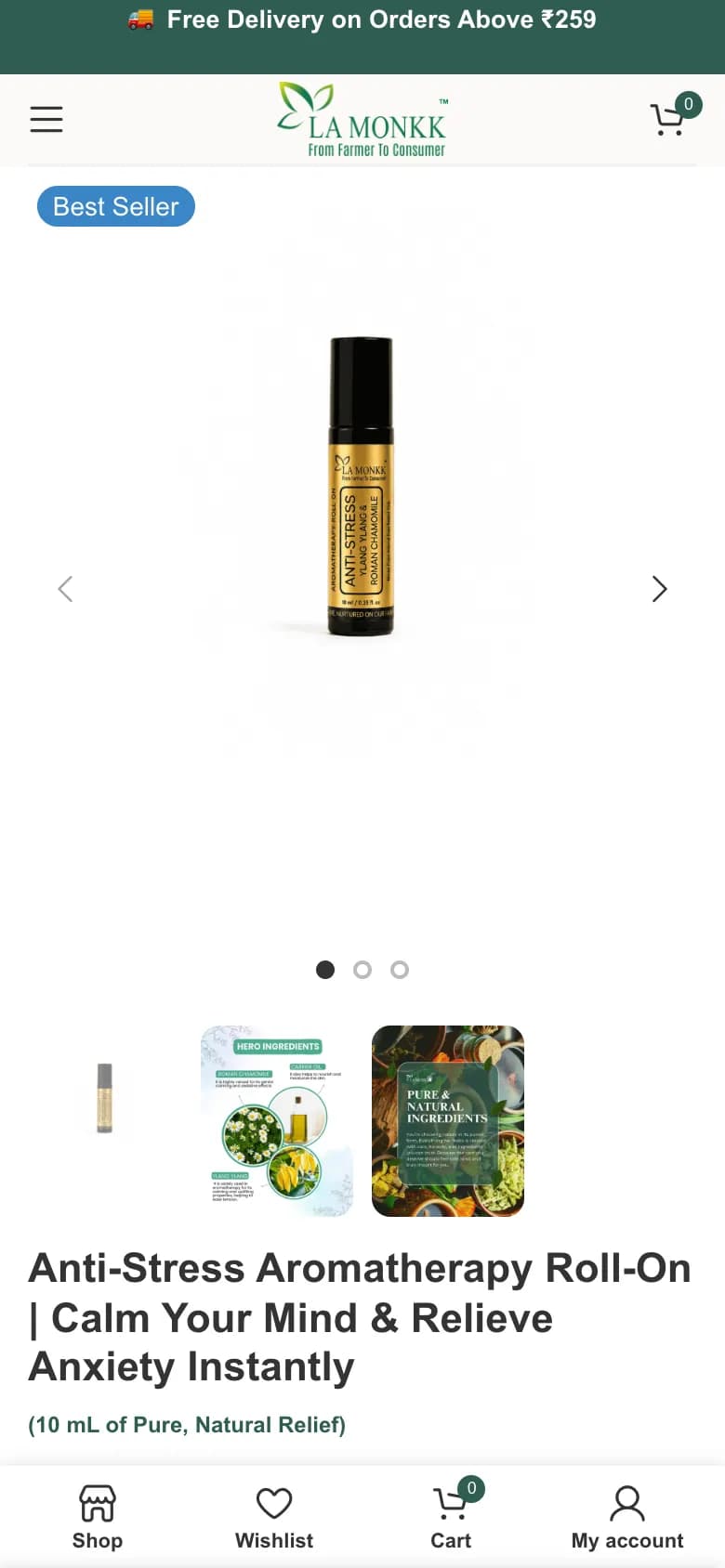 A La Monkk product page on a phone: photo gallery with ingredient thumbnails, product name and a bottom bar for shop, wishlist, cart and account
